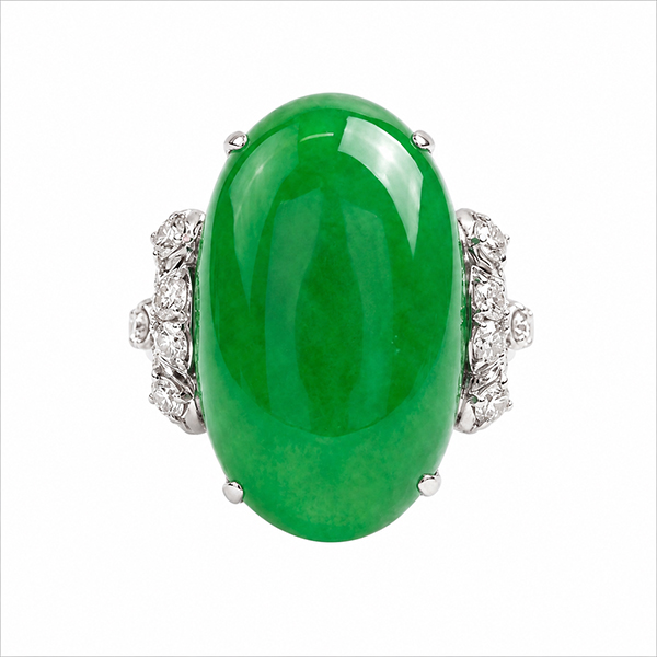 Platinum Oval Natural Jade Diamond Ring